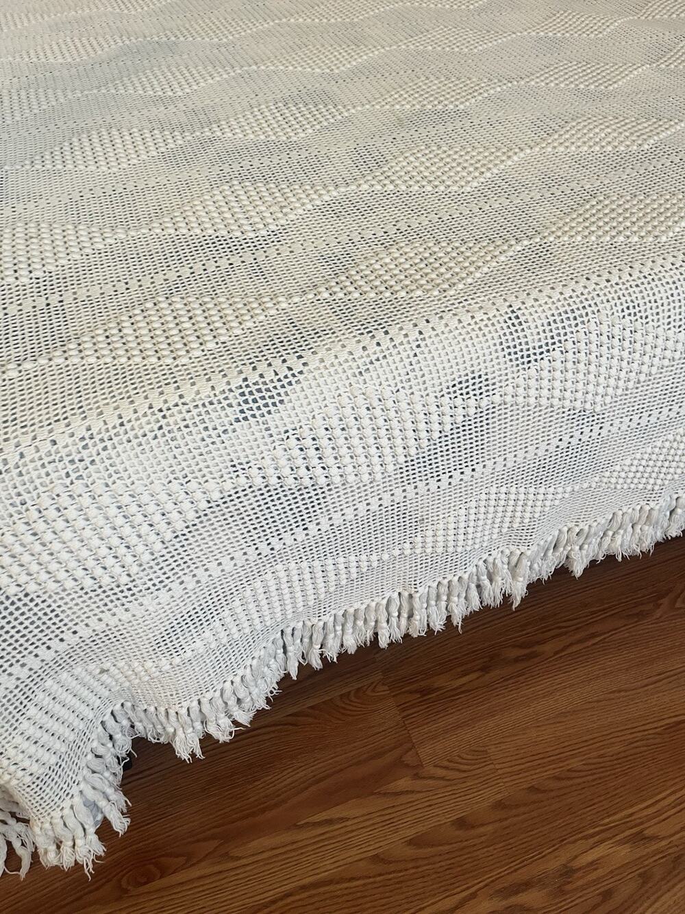 Vintage Hand Crochet Cream Blanket Throw 92" x 74" Fringe Diamond Pattern